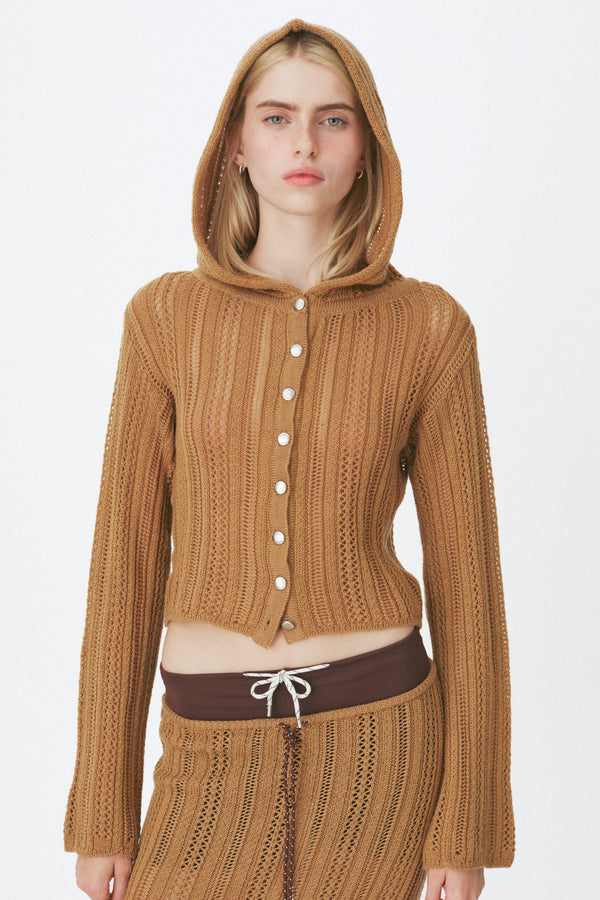 Enavant Crochet knit button-up hoodie cardigan in the color Brown