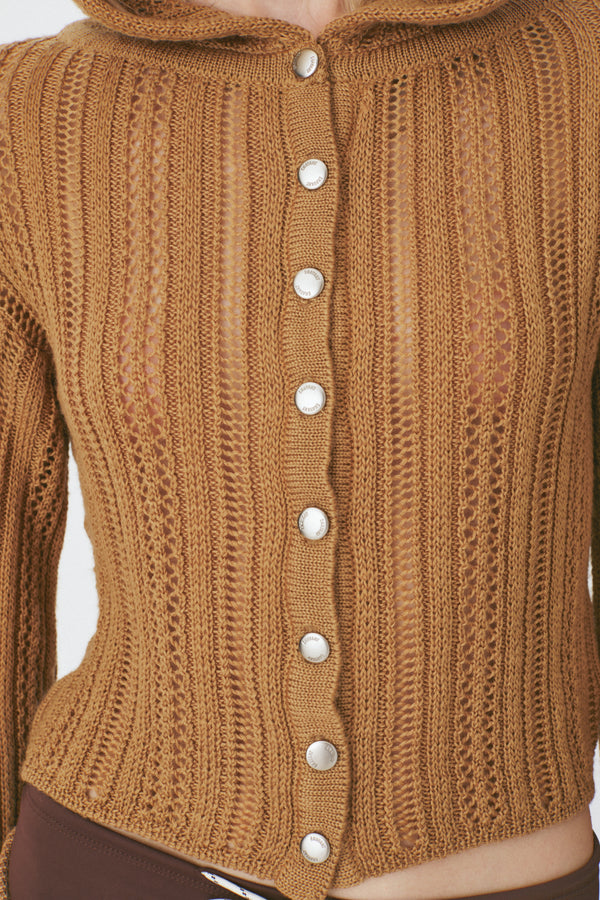 Enavant Crochet knit button-up hoodie cardigan in the color Brown