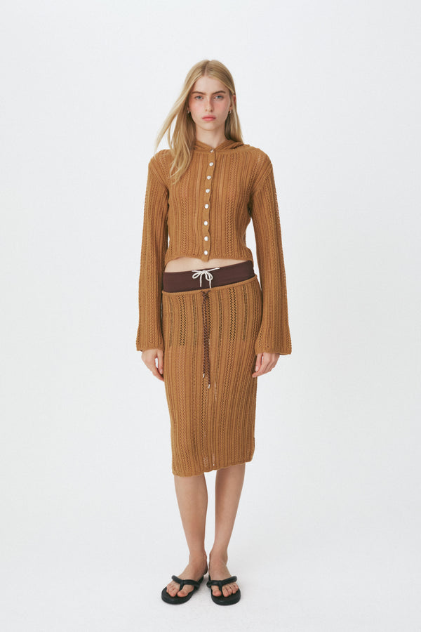 Enavant Crochet knit button-up hoodie cardigan in the color Brown