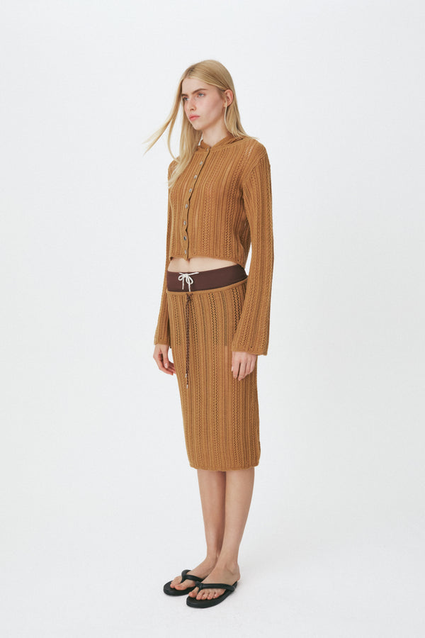 Enavant Crochet knit button-up hoodie cardigan in the color Brown