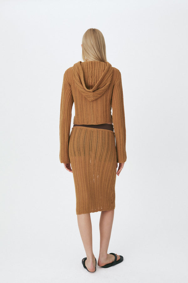Enavant Crochet knit button-up hoodie cardigan in the color Brown