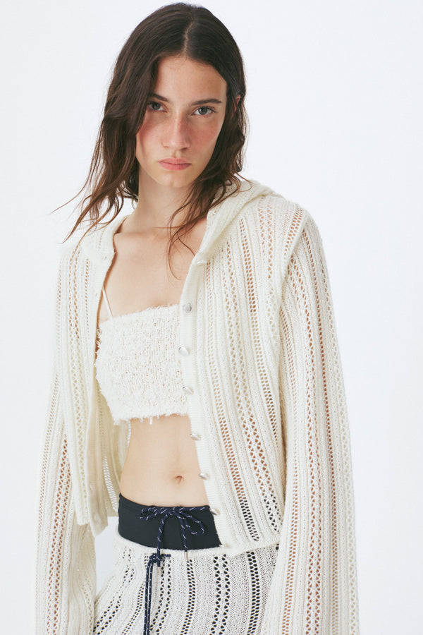 Enavant Crochet knit button-up hoodie cardigan in the color Cream