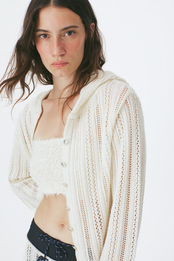 Enavant Crochet knit button-up hoodie cardigan in the color Cream