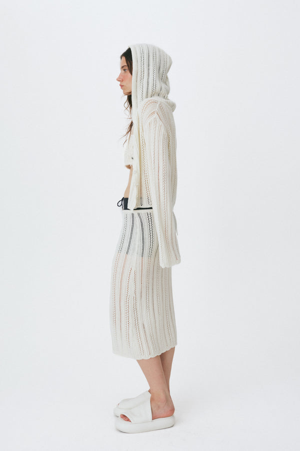Enavant Crochet knit button-up hoodie cardigan in the color Cream