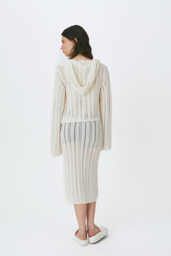 Enavant Crochet knit button-up hoodie cardigan in the color Cream