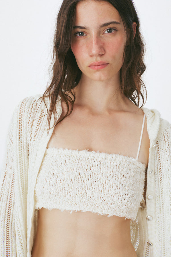 Enavant Crochet knit button-up hoodie cardigan in the color Cream