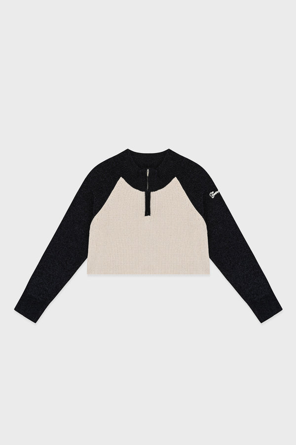 Enavant CROPPED HALF ZIP-UP KNIT TOP in the color Navy Sand