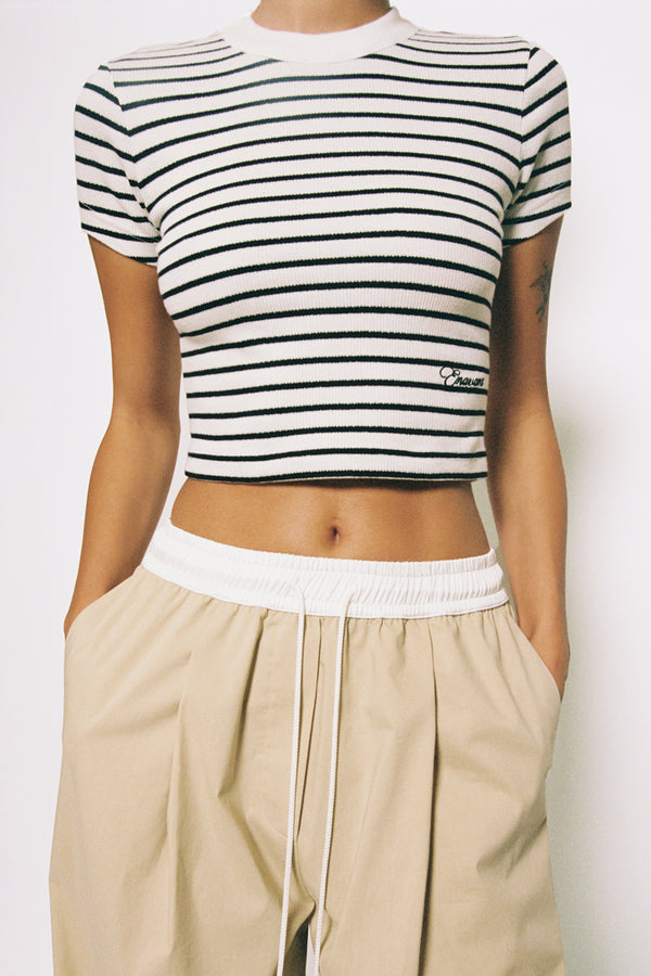 Enavant HAZE CROPPED RIBBED TOP in the color Blk-Strpd Ivory