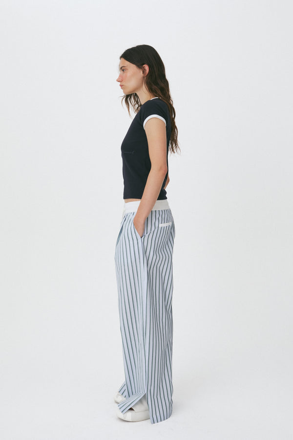 Enavant Wide-leg side slit pant in the color Blue Striped